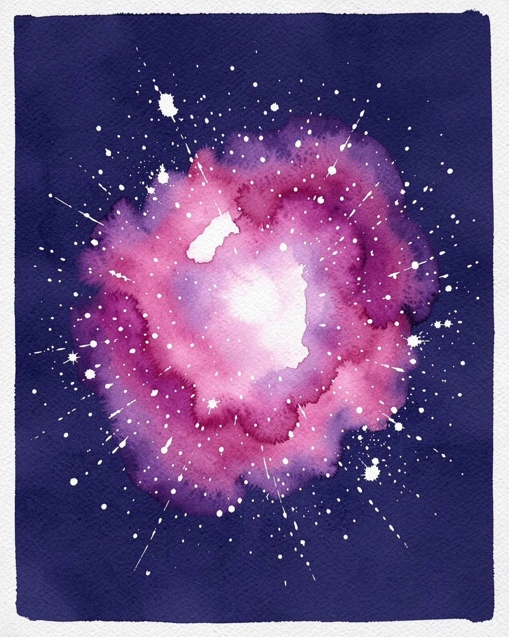 Watercolor painting of a pink and purple nebula with splattered white stars on deep indigo paper