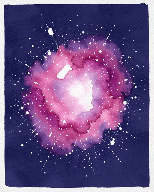 Watercolor painting of a pink and purple nebula with splattered white stars on deep indigo paper