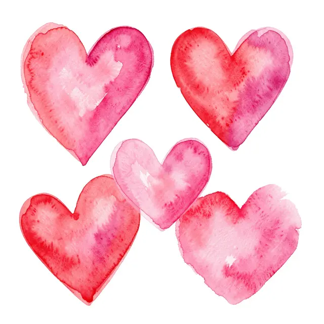 Five soft watercolor hearts in pink and red shades arranged on a plain white background