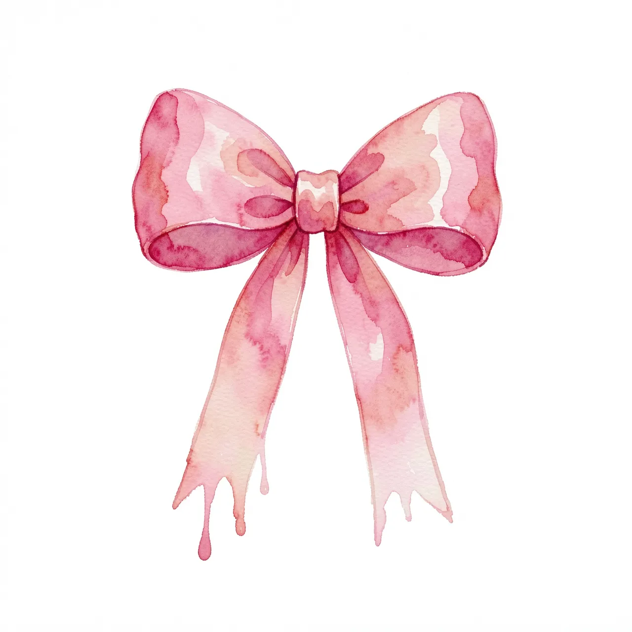 Hand-painted watercolor pink bow with soft blended tones and dripping ribbon ends on a plain white background