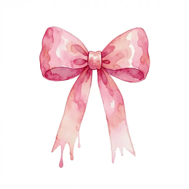 Hand-painted watercolor pink bow with soft blended tones and dripping ribbon ends on a plain white background