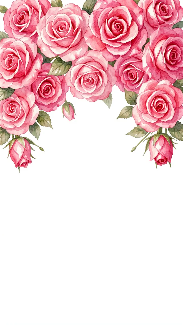 A watercolor illustration of cascading pink roses along the top edge with empty white space below