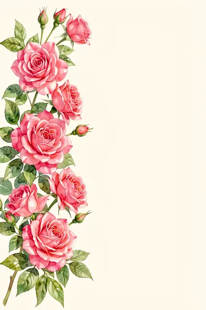Watercolor pink climbing roses with green leaves run along the left edge, leaving blank cream space to the right.