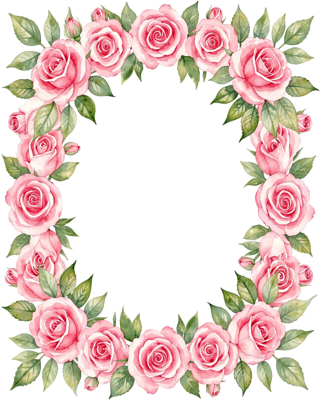 A watercolor oval frame of pink roses and green leaves surrounds an empty white center.