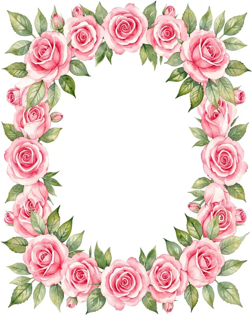 A watercolor oval frame of pink roses and green leaves surrounds an empty white center.