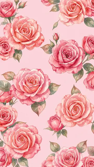 Vertical seamless pattern of watercolor pink roses and green leaves on a soft pink background