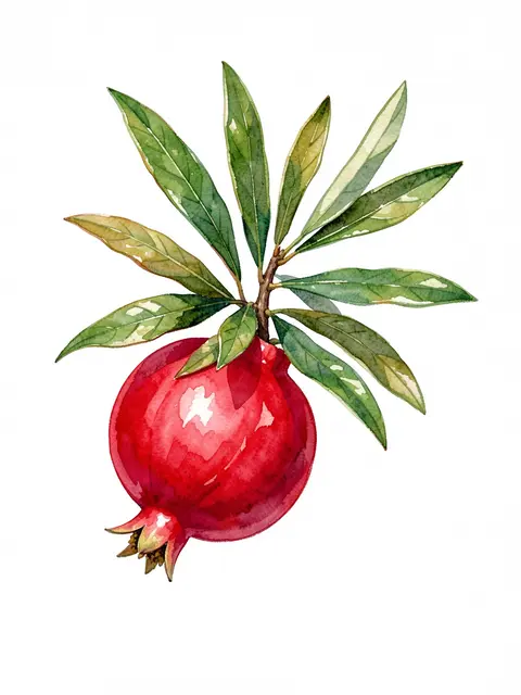 Watercolor illustration of a pomegranate branch with ripe red fruit and green leaves on a white background