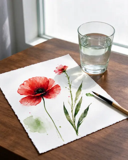 A finished red poppy watercolor rests on a wooden table next to a water glass and paintbrush by a bright window.
