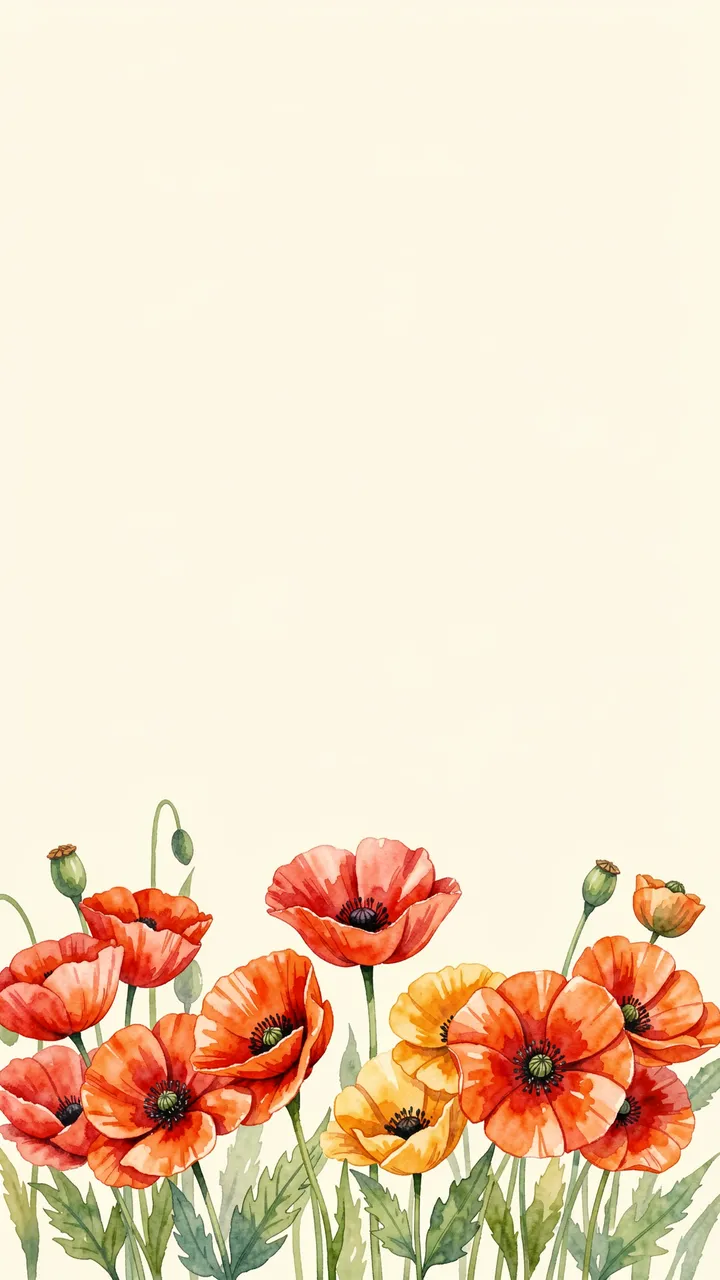 Loose watercolor red, orange and yellow poppies cluster at the bottom of a pale cream vertical background with empty copy