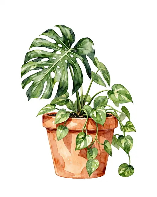 Watercolor illustration of a monstera leaf and trailing pothos growing in a terracotta pot against a plain white background