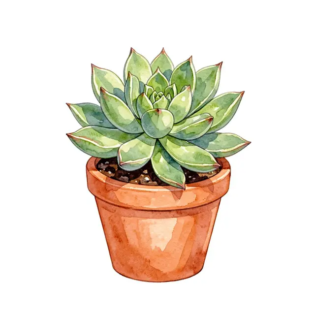 A watercolor illustration of a rosette succulent growing in a small terracotta clay pot against a plain white background