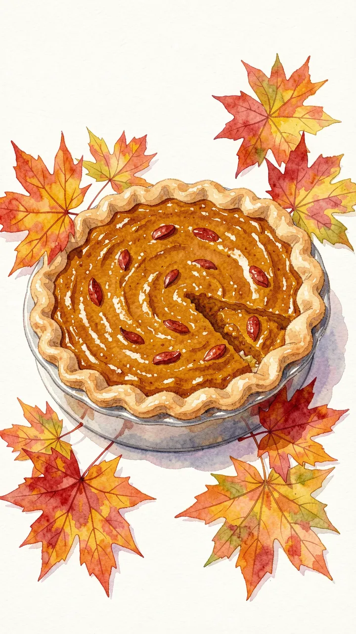 A watercolor illustration of a sliced pumpkin pie surrounded by colorful autumn maple leaves on a pale off-white background
