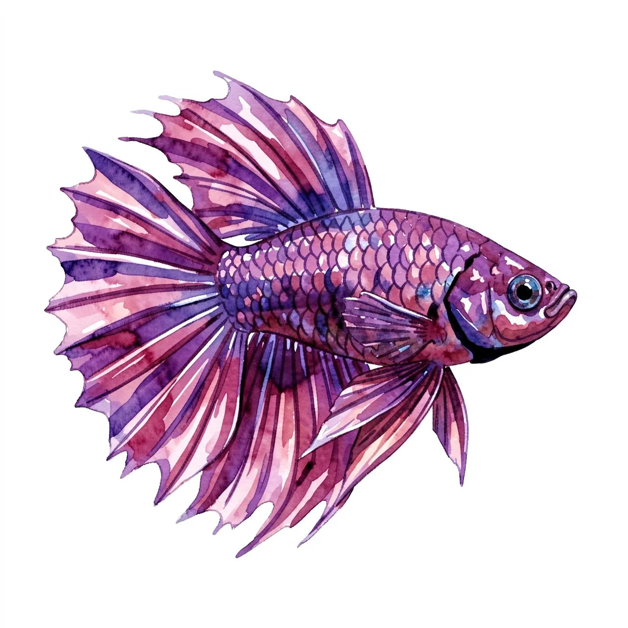 Watercolor illustration of a purple betta fish with flowing fins on a plain white background