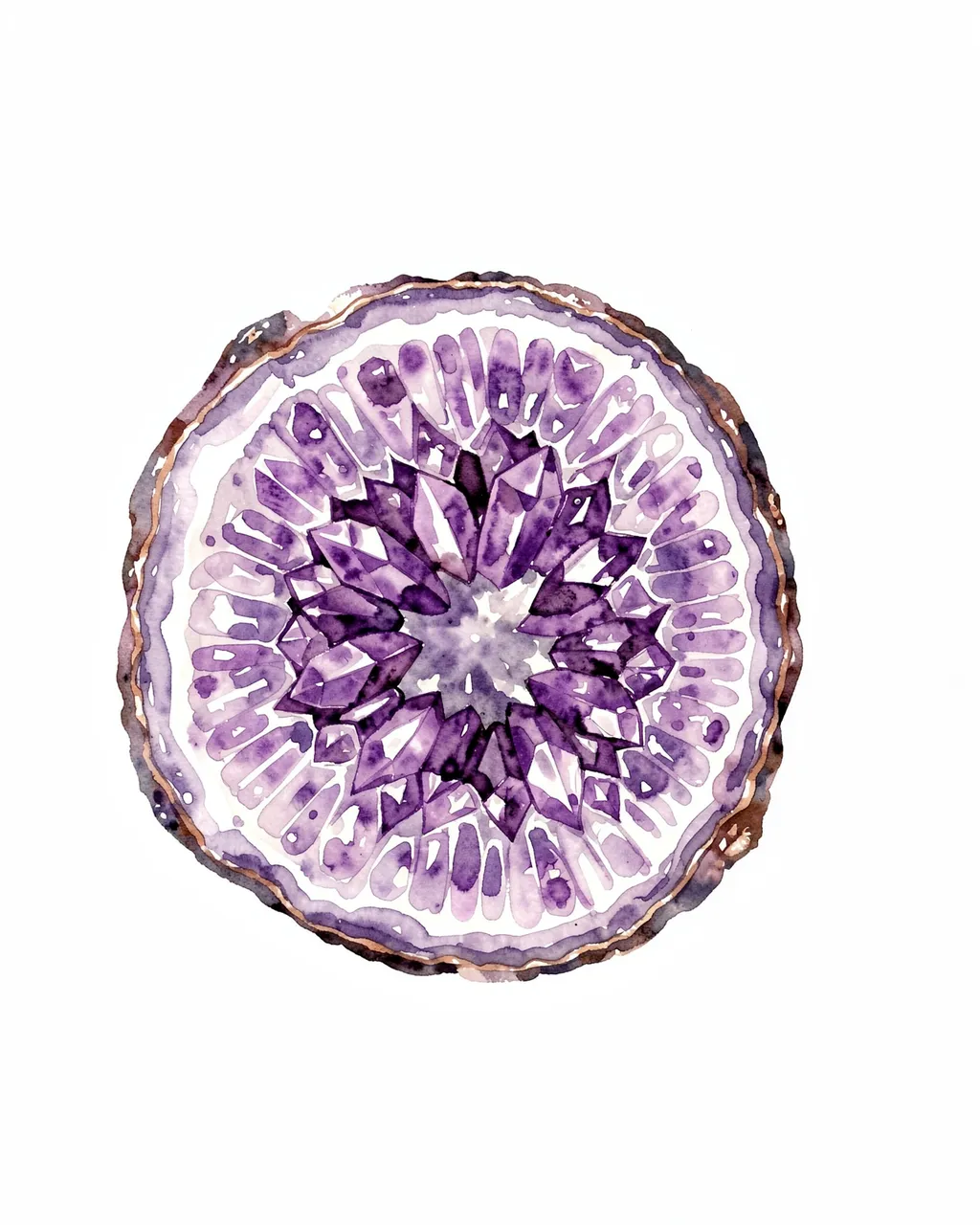Watercolor illustration of a halved purple crystal geode set against a plain white background