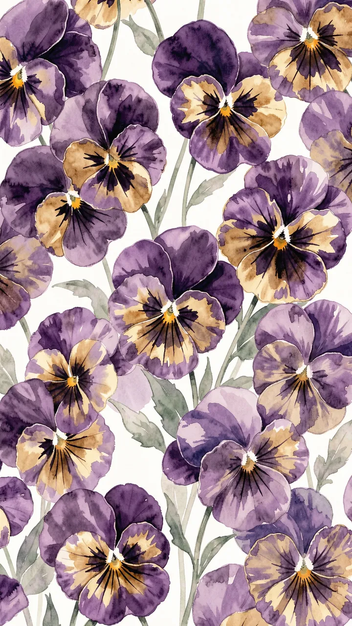 Repeating vertical watercolor pattern of purple and golden pansy flowers on a soft off-white background