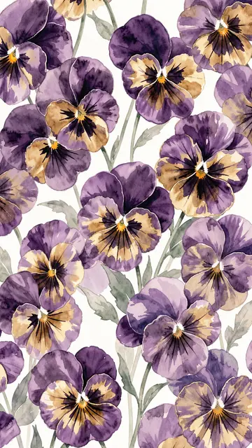 Repeating vertical watercolor pattern of purple and golden pansy flowers on a soft off-white background