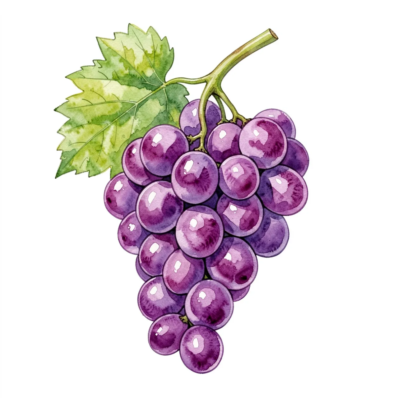 A hand-painted watercolor illustration of a plump bunch of purple grapes with a single green leaf on a plain white background