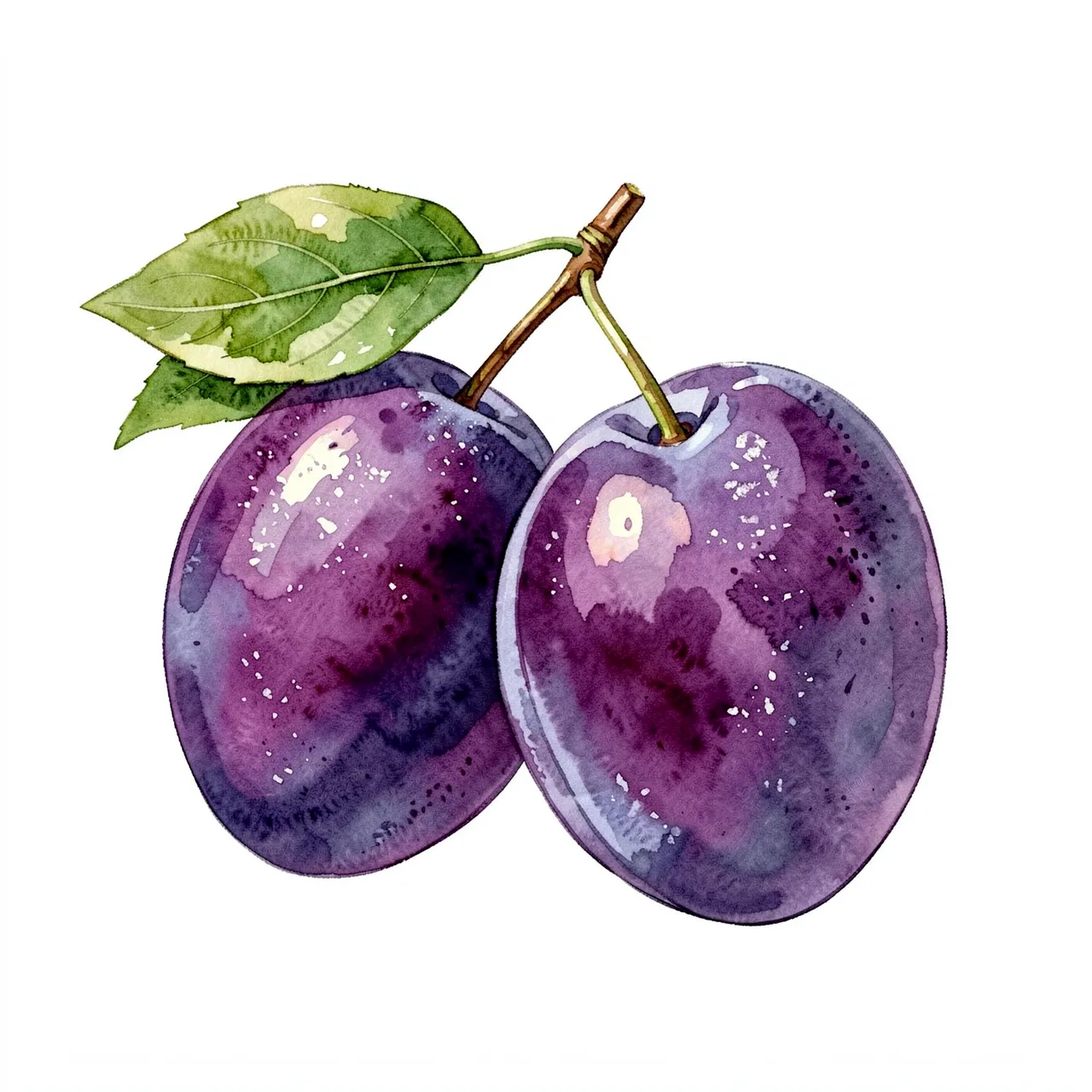 Watercolor illustration of two purple plums with a leaf on a plain white background