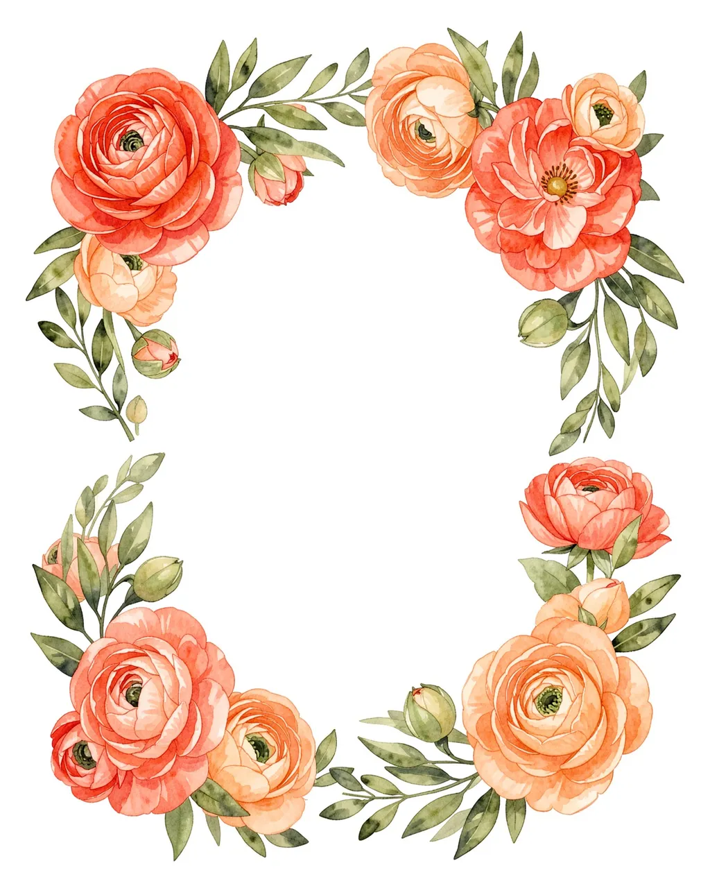 Loose watercolor coral and peach ranunculus with olive sprigs arranged as a border around an empty white center