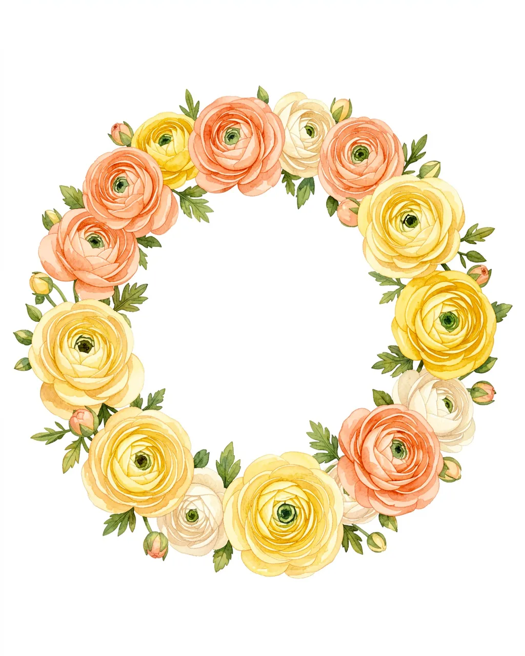 A circular watercolor wreath of peach, butter yellow and cream ranunculus flowers with small green leaves on a plain white