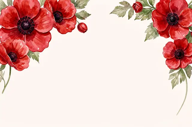 Watercolor illustration of red anemone flowers in top corners with empty blush copy space below