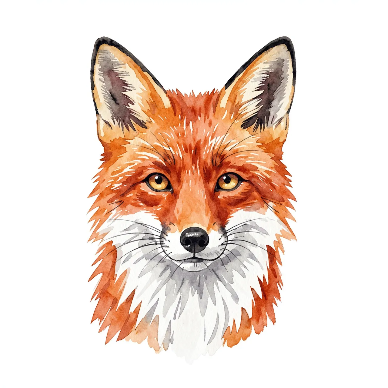 Front-facing watercolor illustration of a red fox face with white chin and black-tipped ears on a plain white background