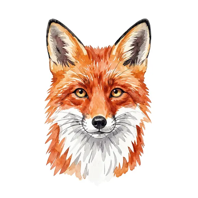 Front-facing watercolor illustration of a red fox face with white chin and black-tipped ears on a plain white background