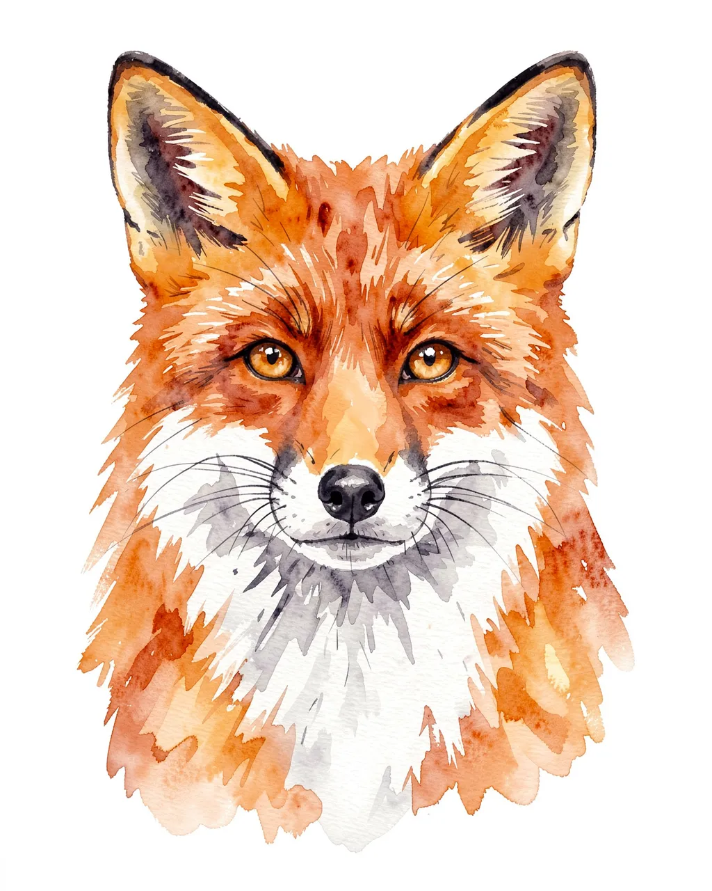 Watercolor bust portrait of a red fox with amber eyes and a white chin against a plain white background