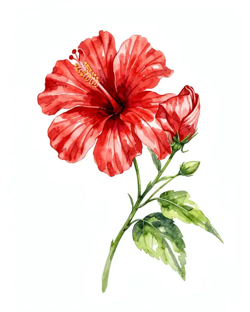 Loose watercolor illustration of a fully open red hibiscus bloom, curled bud, and leafy green stem on a plain white