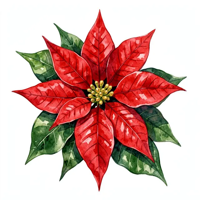 Watercolor illustration of a red poinsettia with golden centers and green leaves on a plain white background