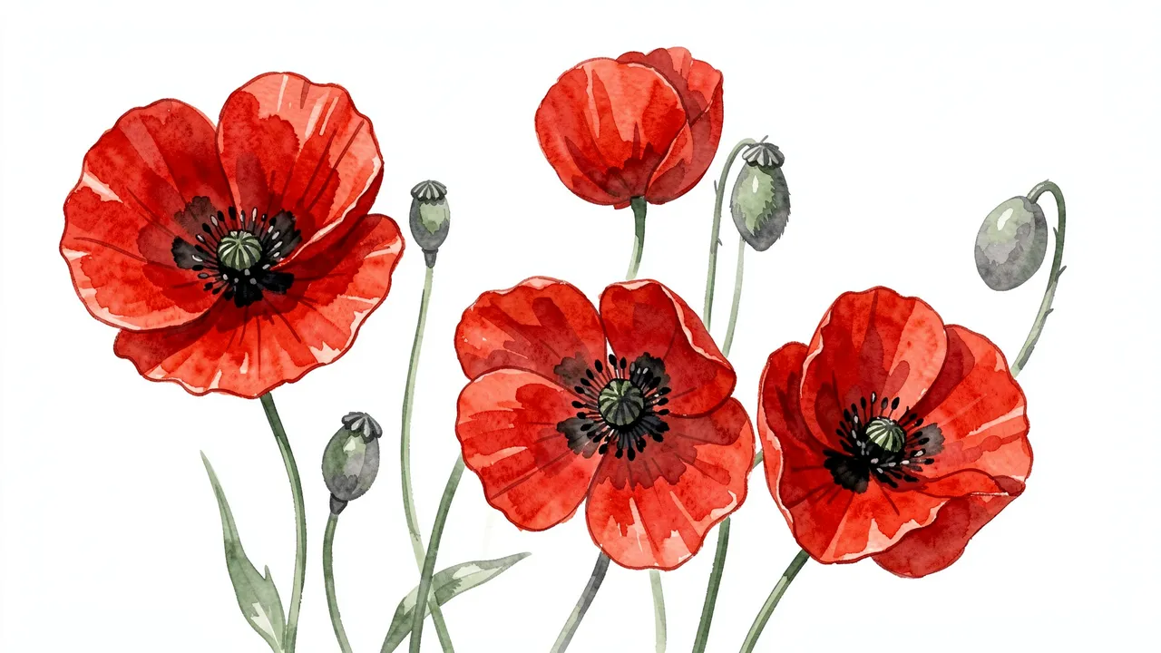 Hand-painted watercolor red poppies with black centers and gray-green buds on a plain white background