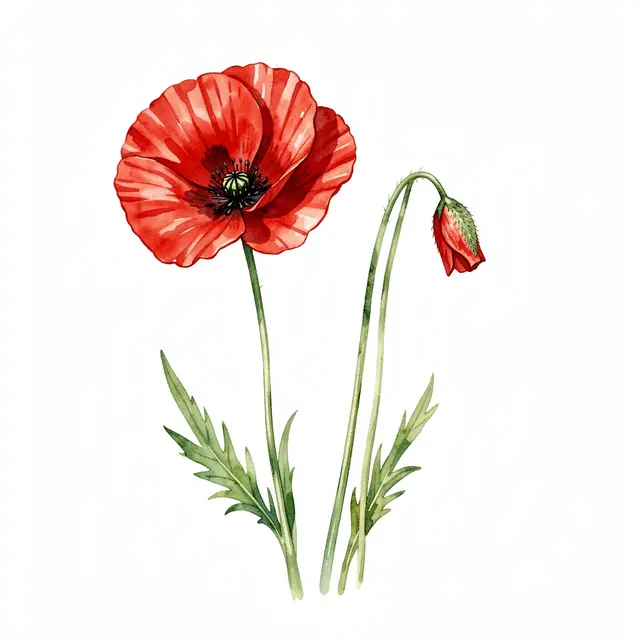 Watercolor illustration of an open red poppy and a nodding poppy bud on a plain white background