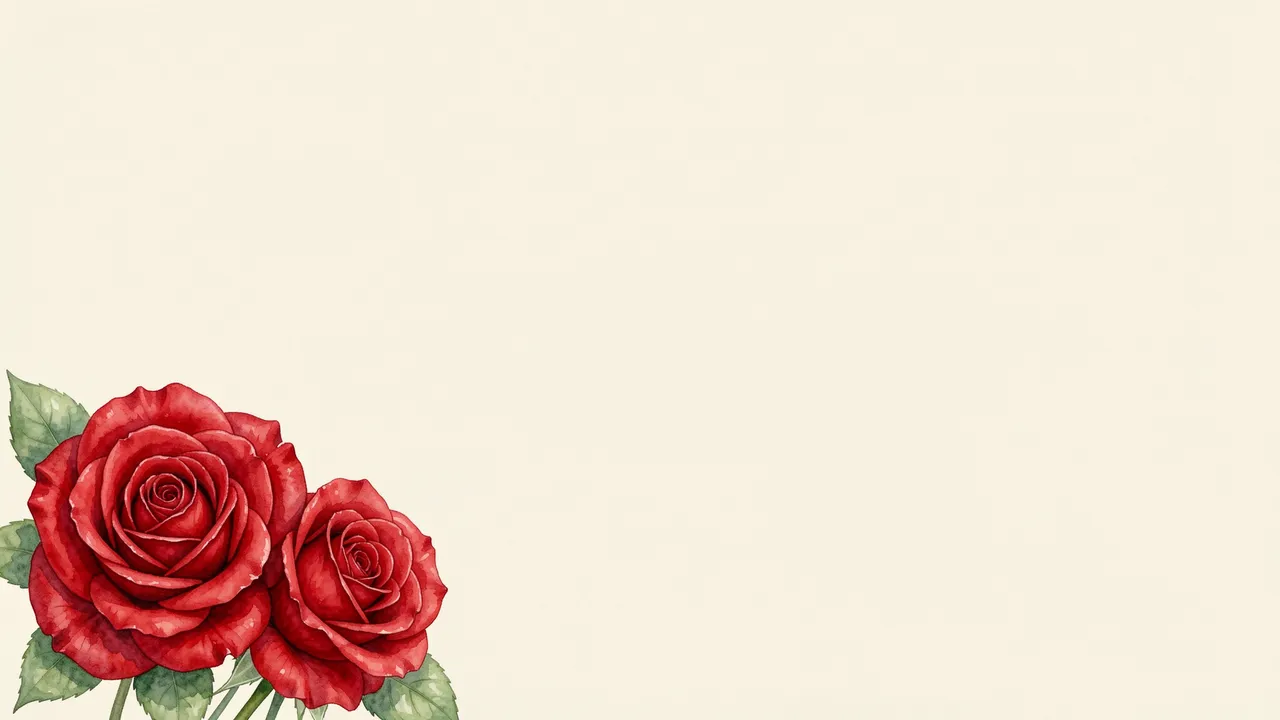 Two intertwined watercolor red roses with green leaves sit in the lower left on a plain cream background with empty copy