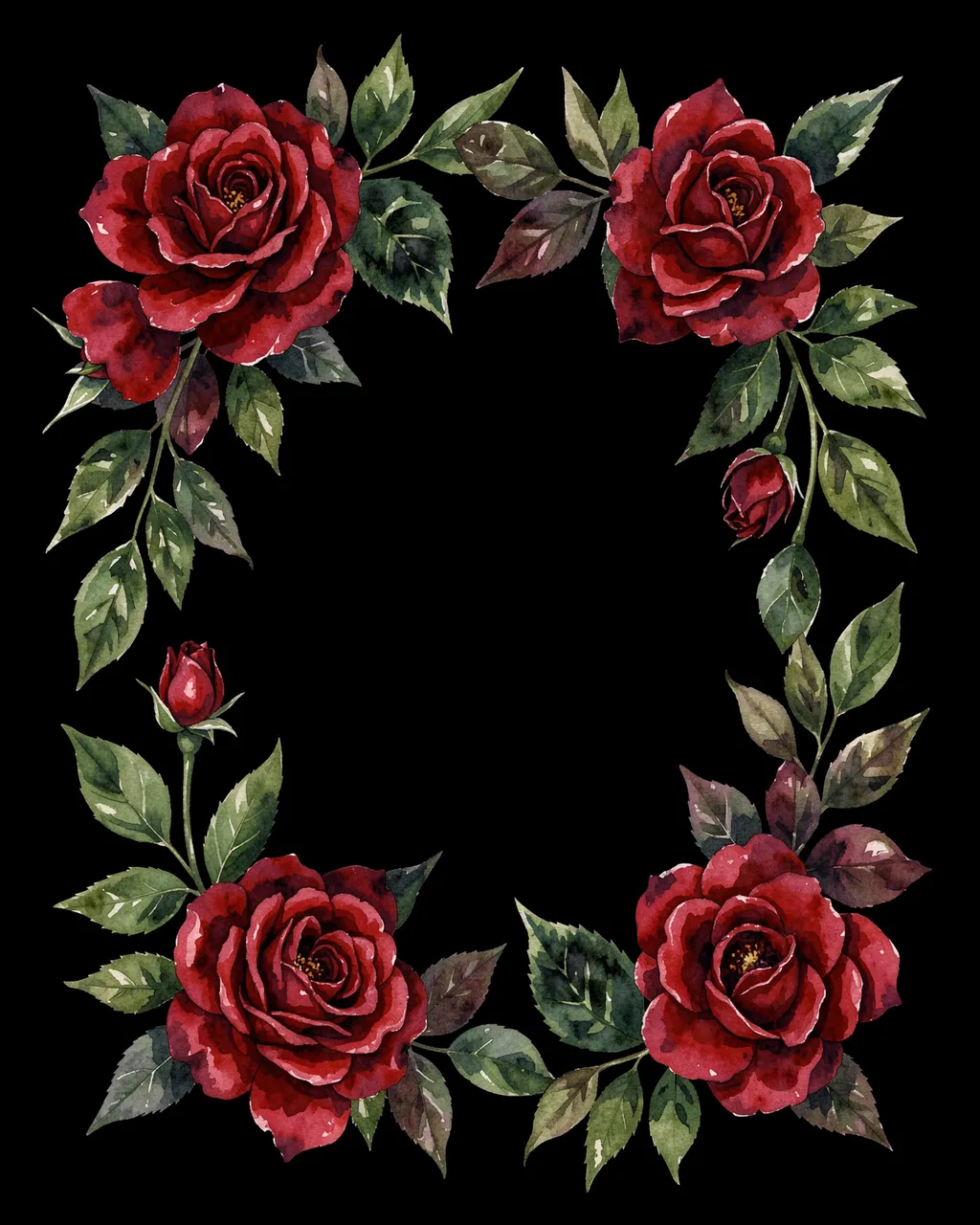 A watercolor decorative frame of deep red roses and dark green leaves arranged around empty central space on a solid black