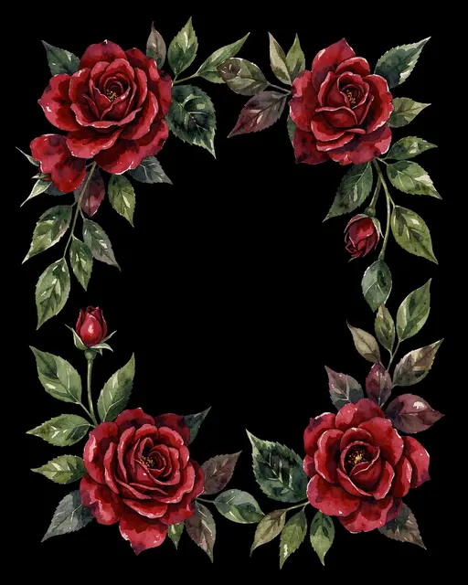 A watercolor decorative frame of deep red roses and dark green leaves arranged around empty central space on a solid black
