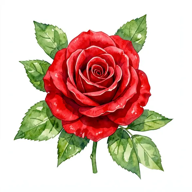 A detailed watercolor illustration of a fully bloomed red rose with green leaves on a plain white background