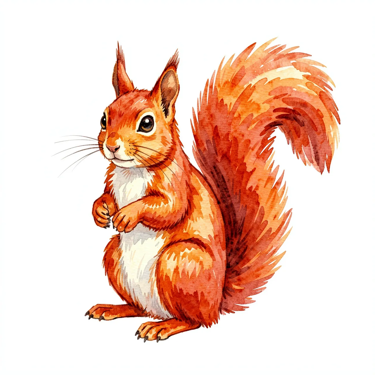 Watercolor illustration of an upright red squirrel with a bushy raised tail on a plain white background