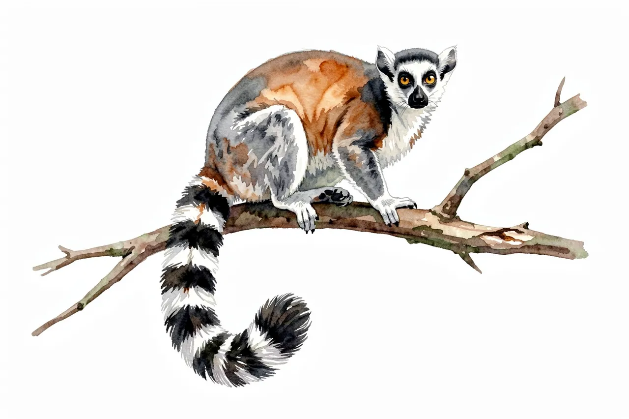 A watercolor painting of a ring-tailed lemur perched on a branch with its banded tail curled downward.