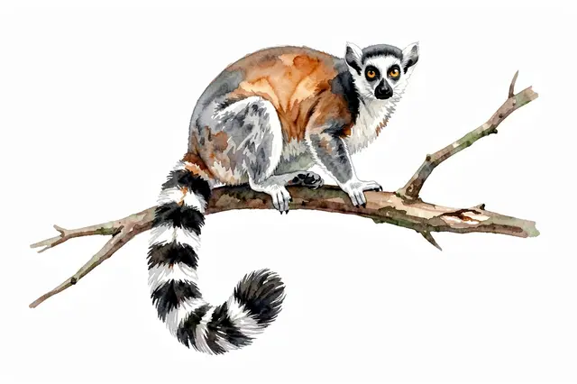 A watercolor painting of a ring-tailed lemur perched on a branch with its banded tail curled downward.