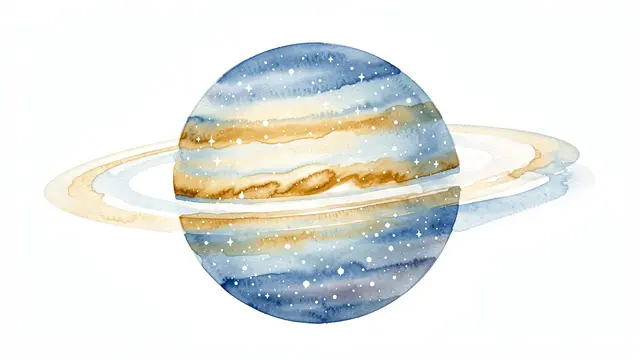 Soft watercolor illustration of a ringed planet with blue gold washes and star splatters on a white background