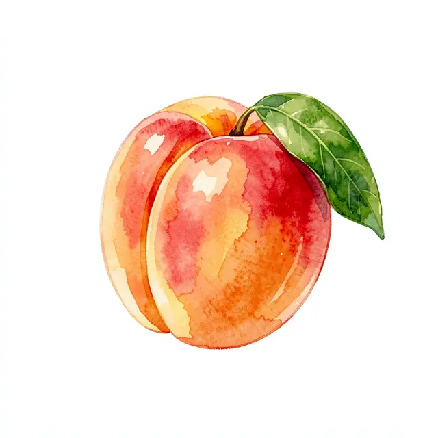 Watercolor illustration of a ripe peach with an attached green leaf against a plain white background