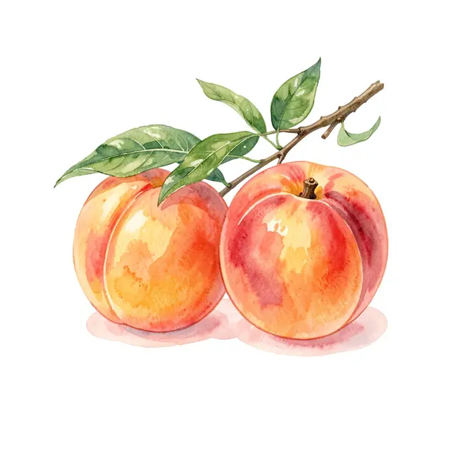 Two ripe peaches on a leafy twig rendered in soft watercolor washes against white paper