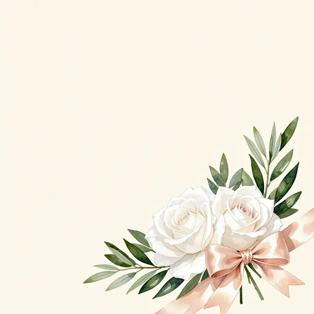 A watercolor floral arrangement of white roses, olive branches and a blush bow sits on a cream background with empty copy