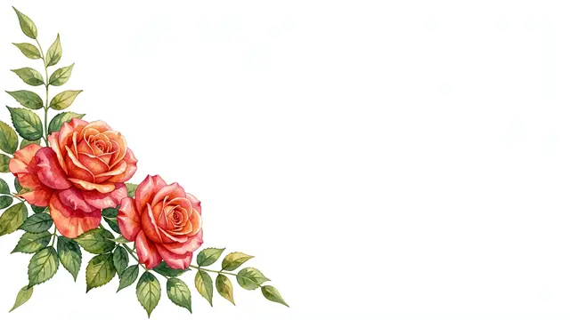 Hand-painted watercolor peach and pink roses with trailing green leaves in the bottom left corner against blank white space
