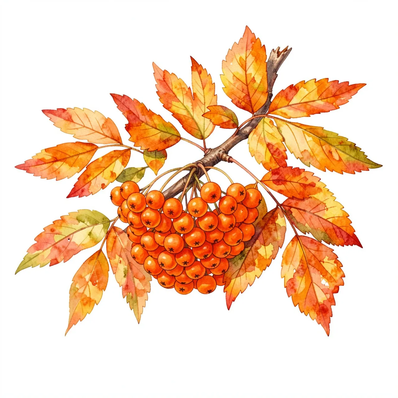 A watercolor illustration of a rowan branch with orange berries and autumn leaves on a plain white background