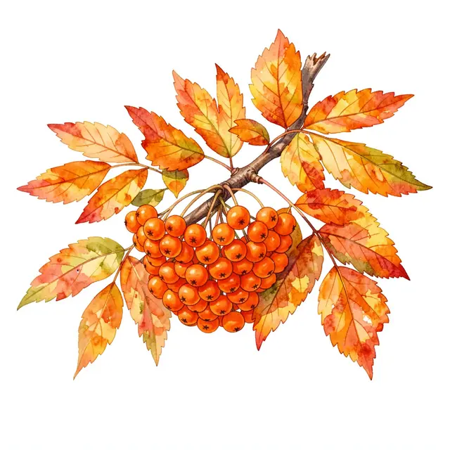 A watercolor illustration of a rowan branch with orange berries and autumn leaves on a plain white background