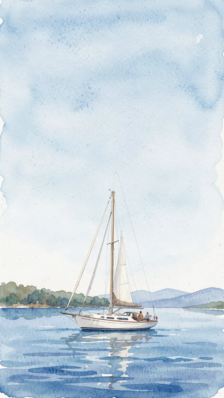 A white sailboat floats on calm blue water with empty soft sky above and shoreline in the distance