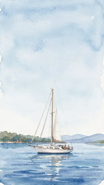 A white sailboat floats on calm blue water with empty soft sky above and shoreline in the distance