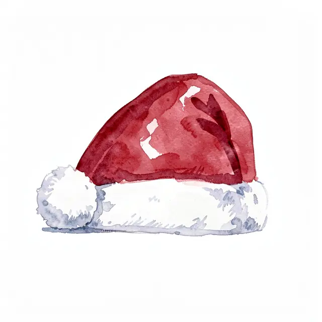 Loose watercolor illustration of a side-lying Santa hat with a fluffy snowy cuff on a plain white background