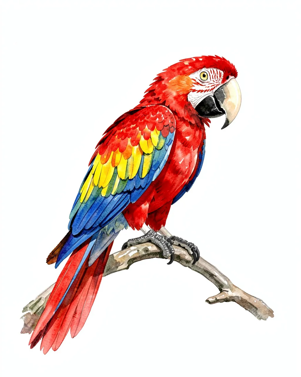 A vibrant watercolor scarlet macaw perched on a thin branch against a plain white background